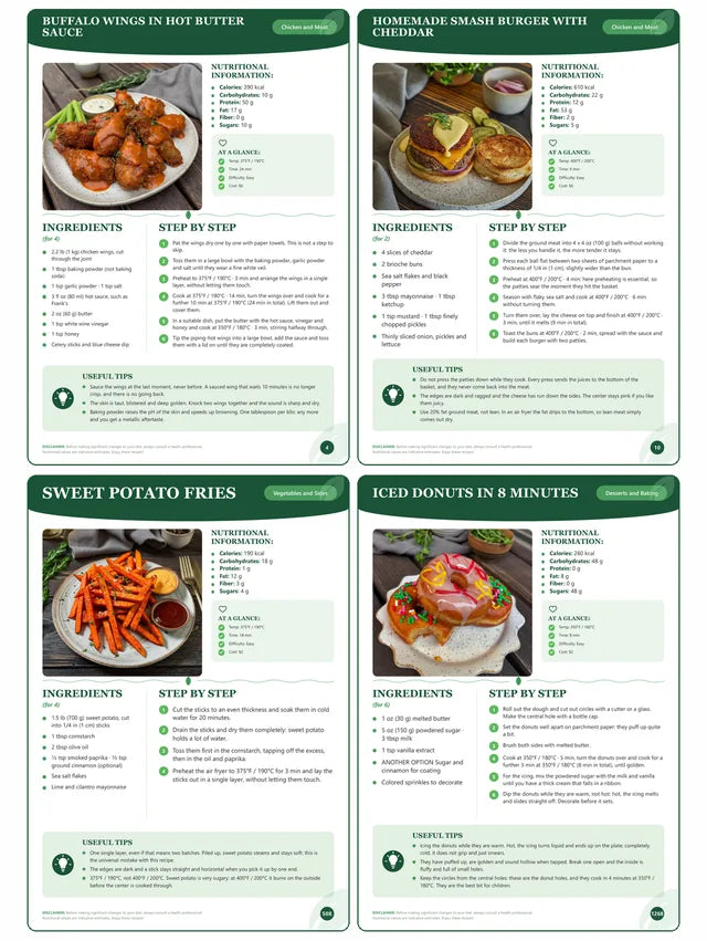 Real pages from the book: Buffalo wings, smash burger with cheddar, sweet potato fries and iced donuts, each with a photo, °F temperature, cook time and step-by-step instructions